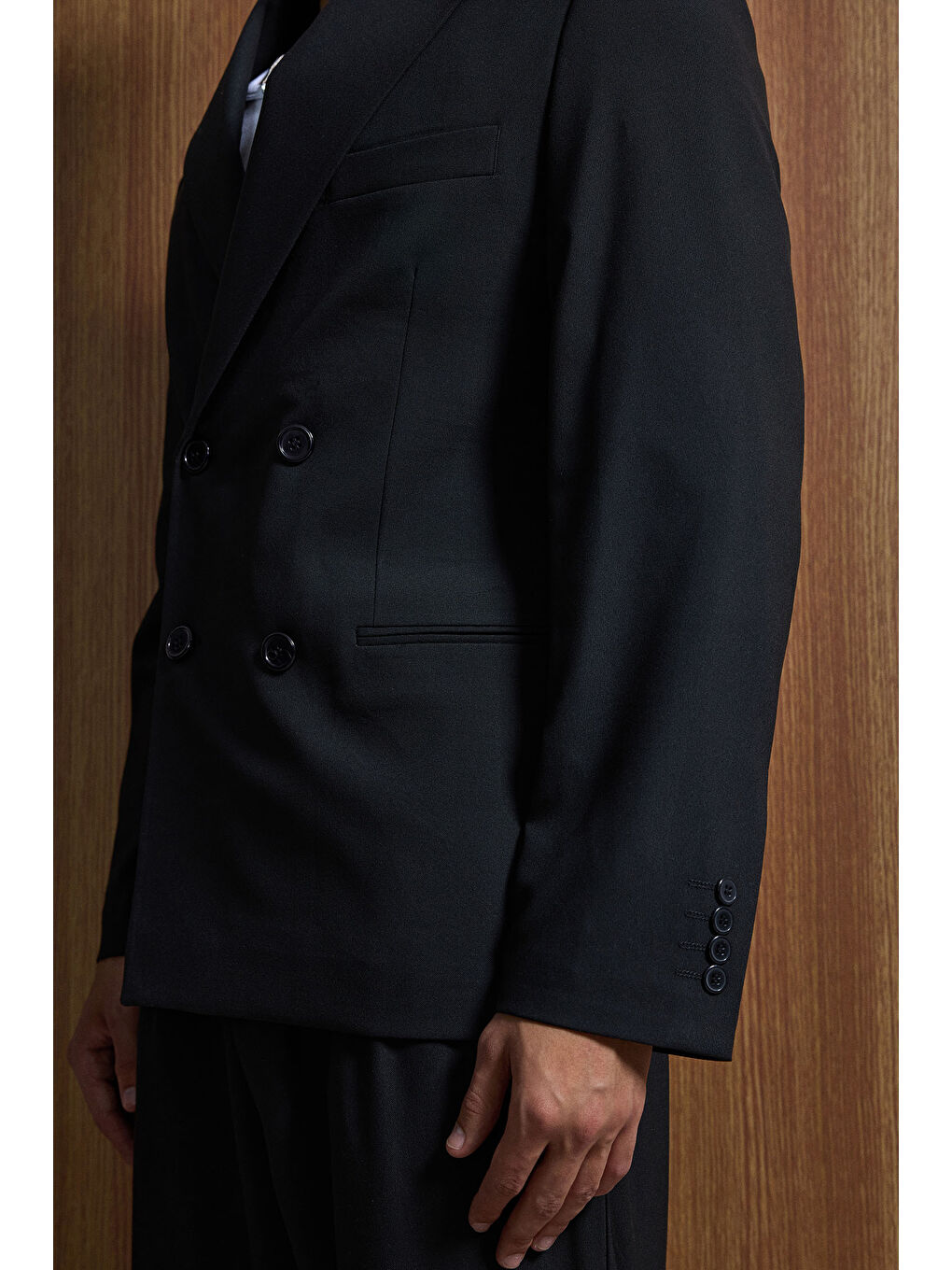 Erkek Oversize Rahat Kalıp Kruvaze Takım Elbise Siyah-3