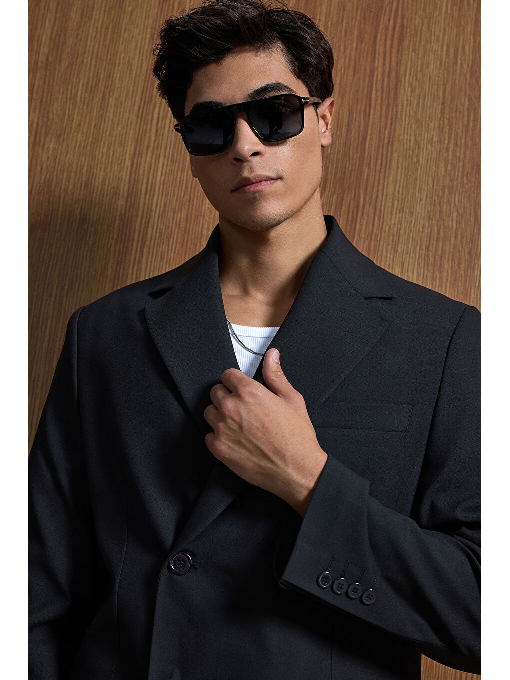 Erkek Oversize Rahat Kalıp Kruvaze Takım Elbise Siyah-1