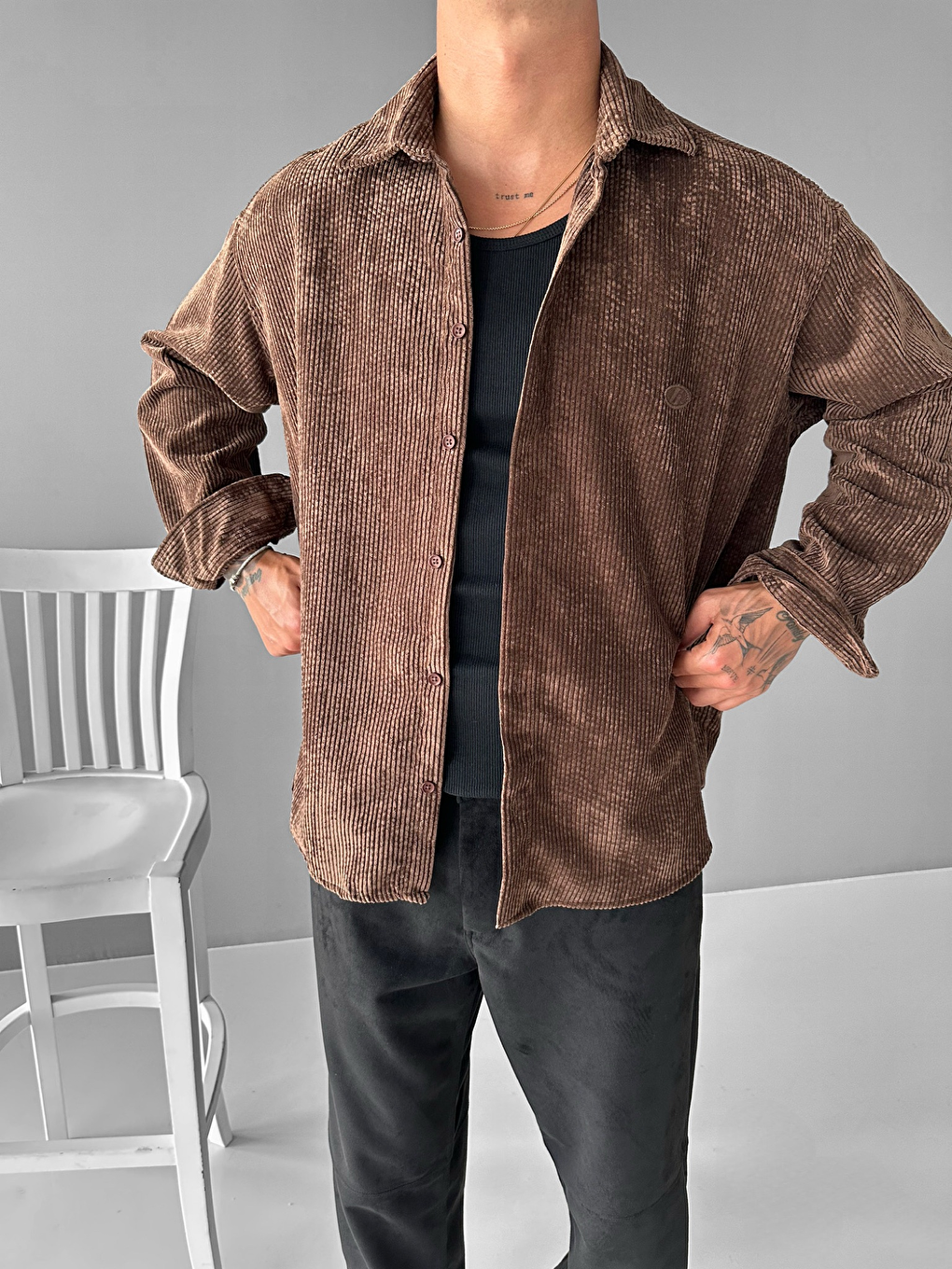 Erkek Oversize Fitilli Gömlek Kahverengi