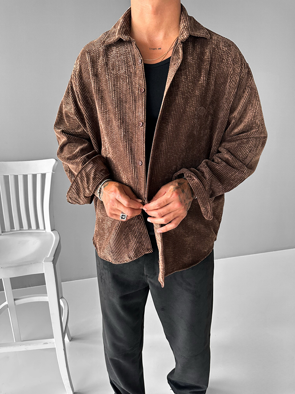 Erkek Oversize Fitilli Gömlek Kahverengi-1
