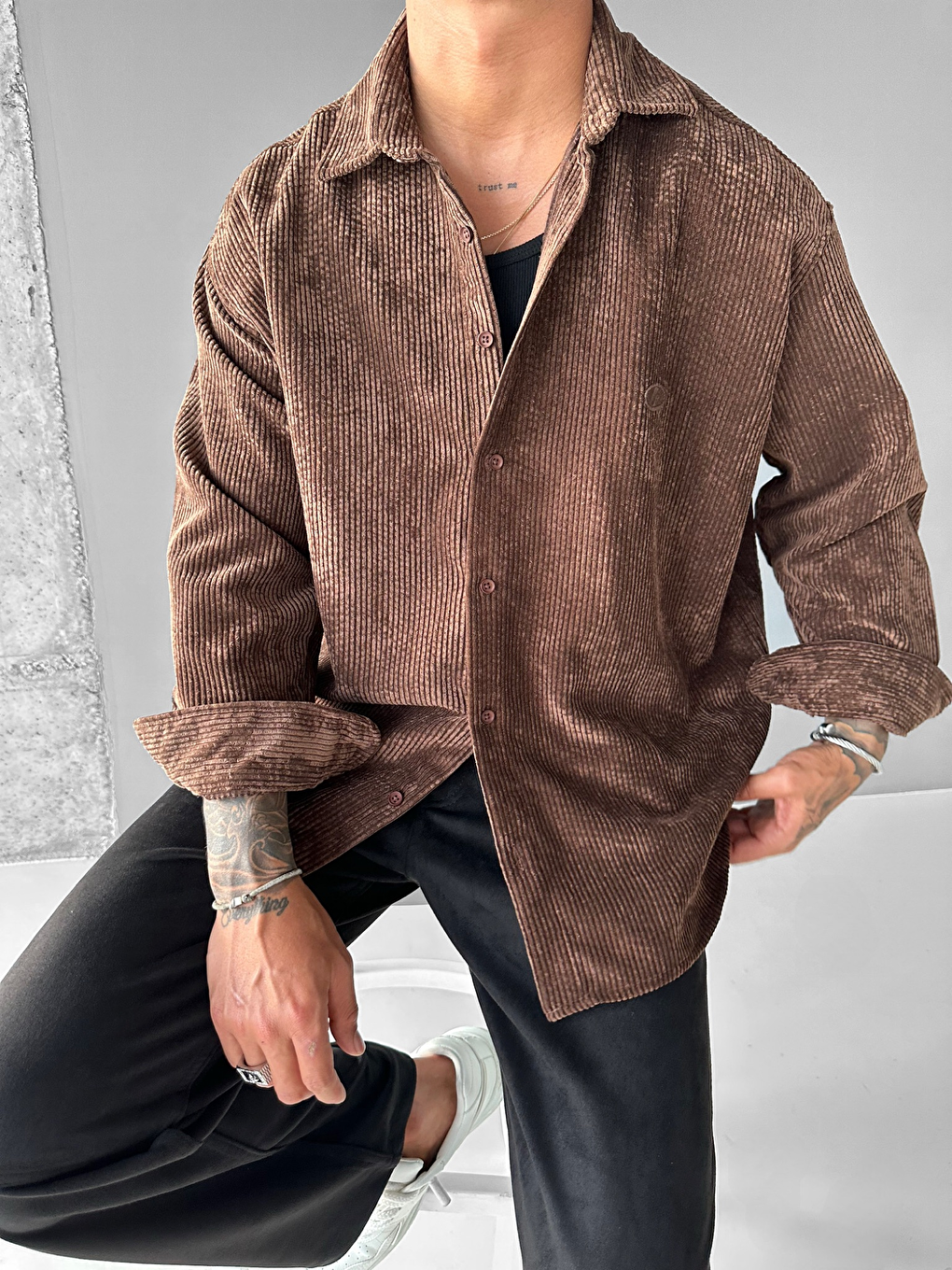 Erkek Oversize Fitilli Gömlek Kahverengi-2