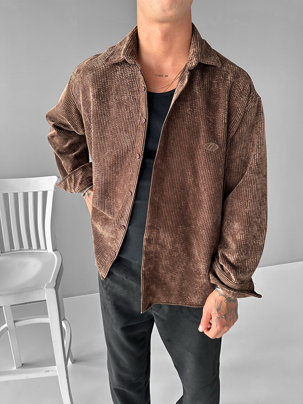 Erkek Oversize Fitilli Gömlek Kahverengi-3