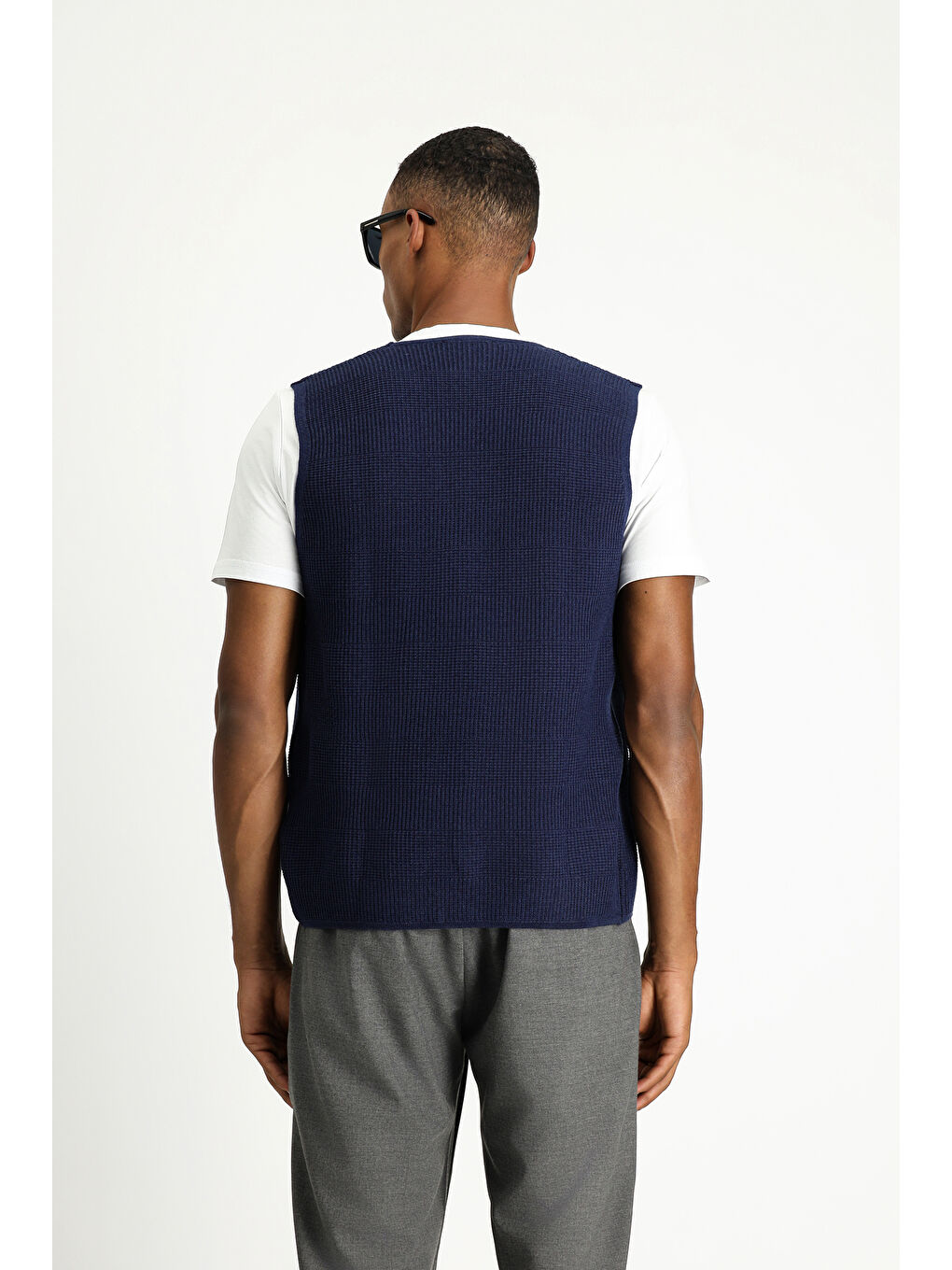 Lacivert V Yaka Desenli Pamuklu Triko Yelek-3