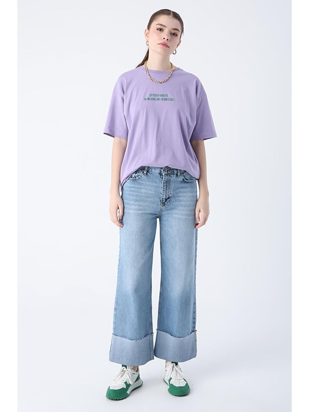 Mavi01-%100 Pamuk Yüksek Bel Bol Paça Katlama Detaylı Denim Pantolon-1