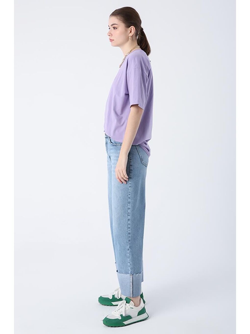 Mavi01-%100 Pamuk Yüksek Bel Bol Paça Katlama Detaylı Denim Pantolon-2