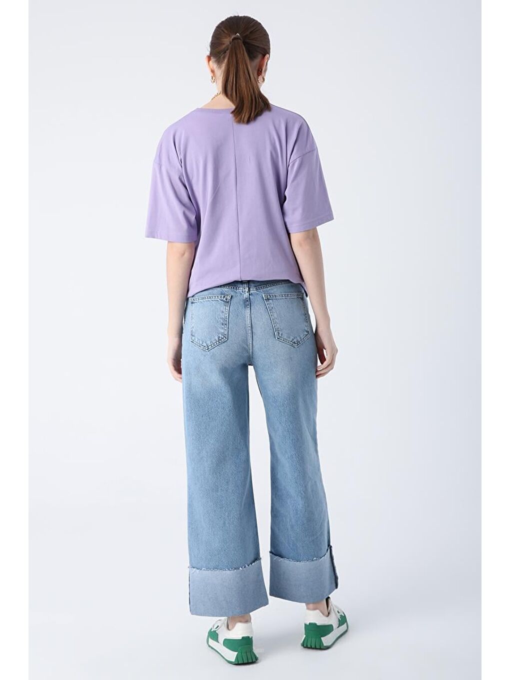 Mavi01-%100 Pamuk Yüksek Bel Bol Paça Katlama Detaylı Denim Pantolon-3