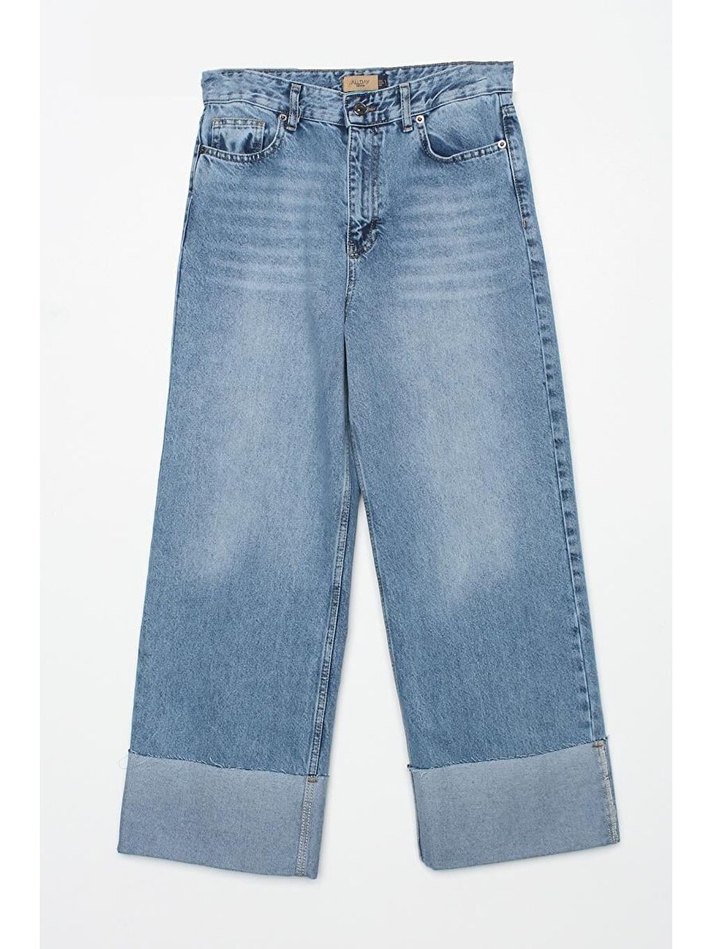 Mavi01-%100 Pamuk Yüksek Bel Bol Paça Katlama Detaylı Denim Pantolon-6