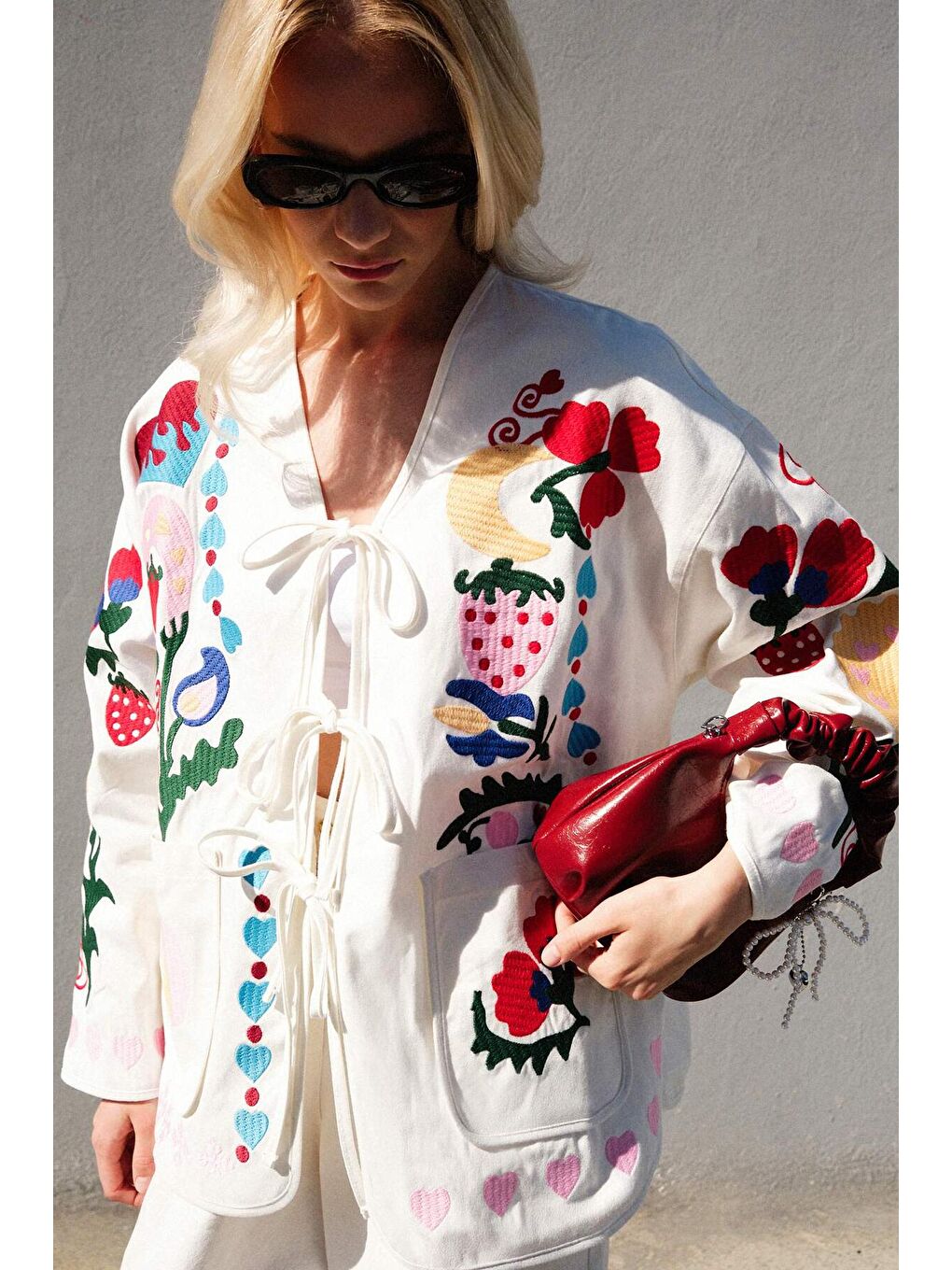 Ekru Nakışlı Gabardin Ceket-2