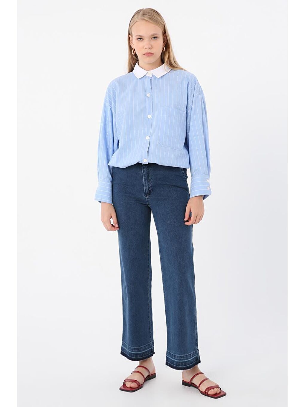 Açık Mavi-Pamuklu Wide Leg Denim Pantolon-1