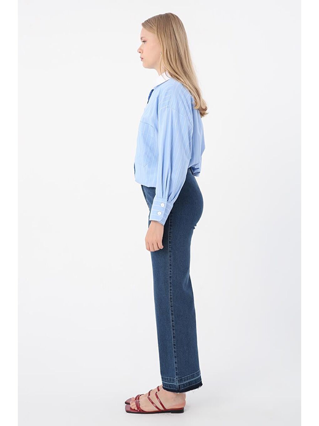 Açık Mavi-Pamuklu Wide Leg Denim Pantolon-2