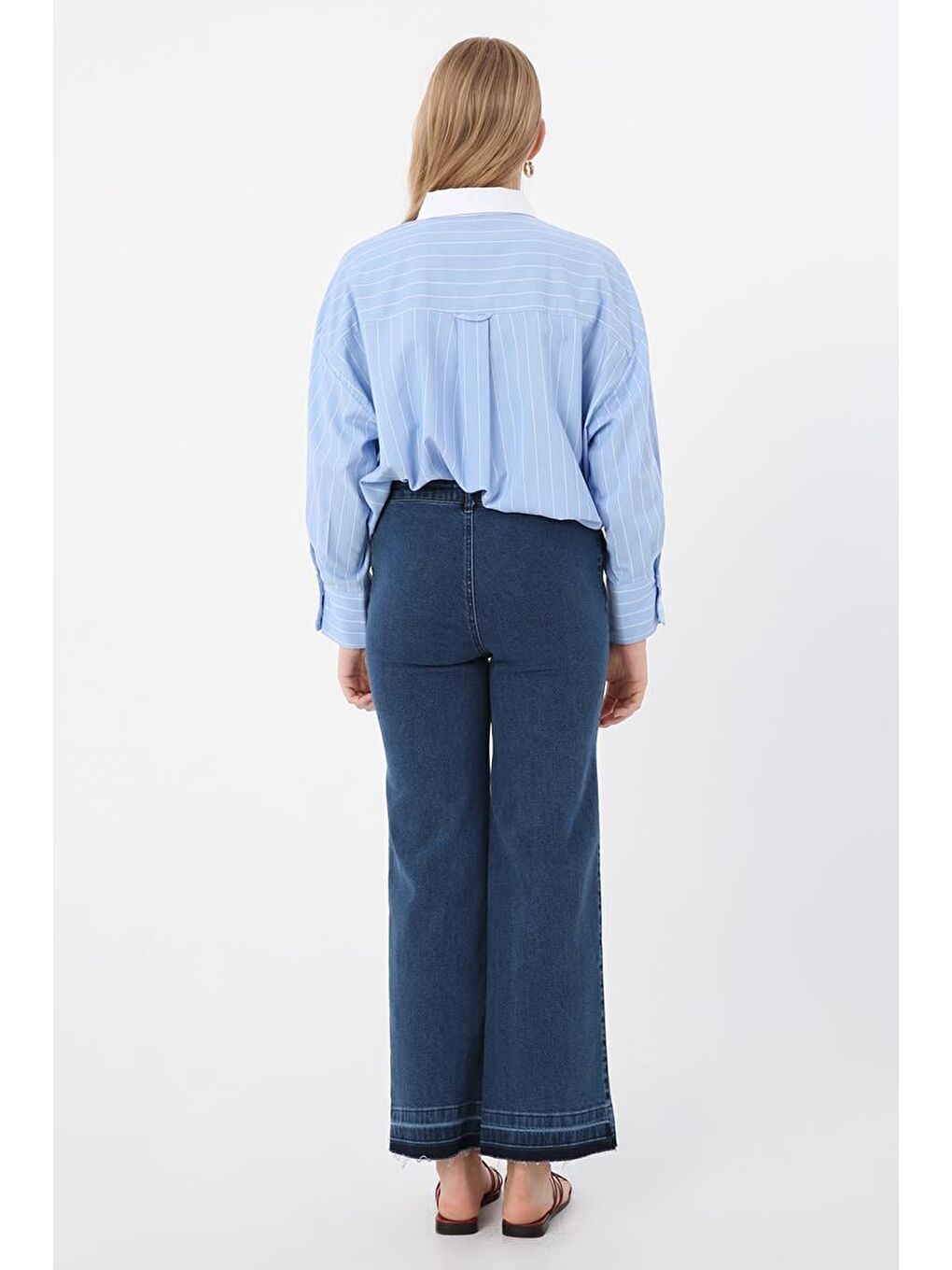 Açık Mavi-Pamuklu Wide Leg Denim Pantolon-3