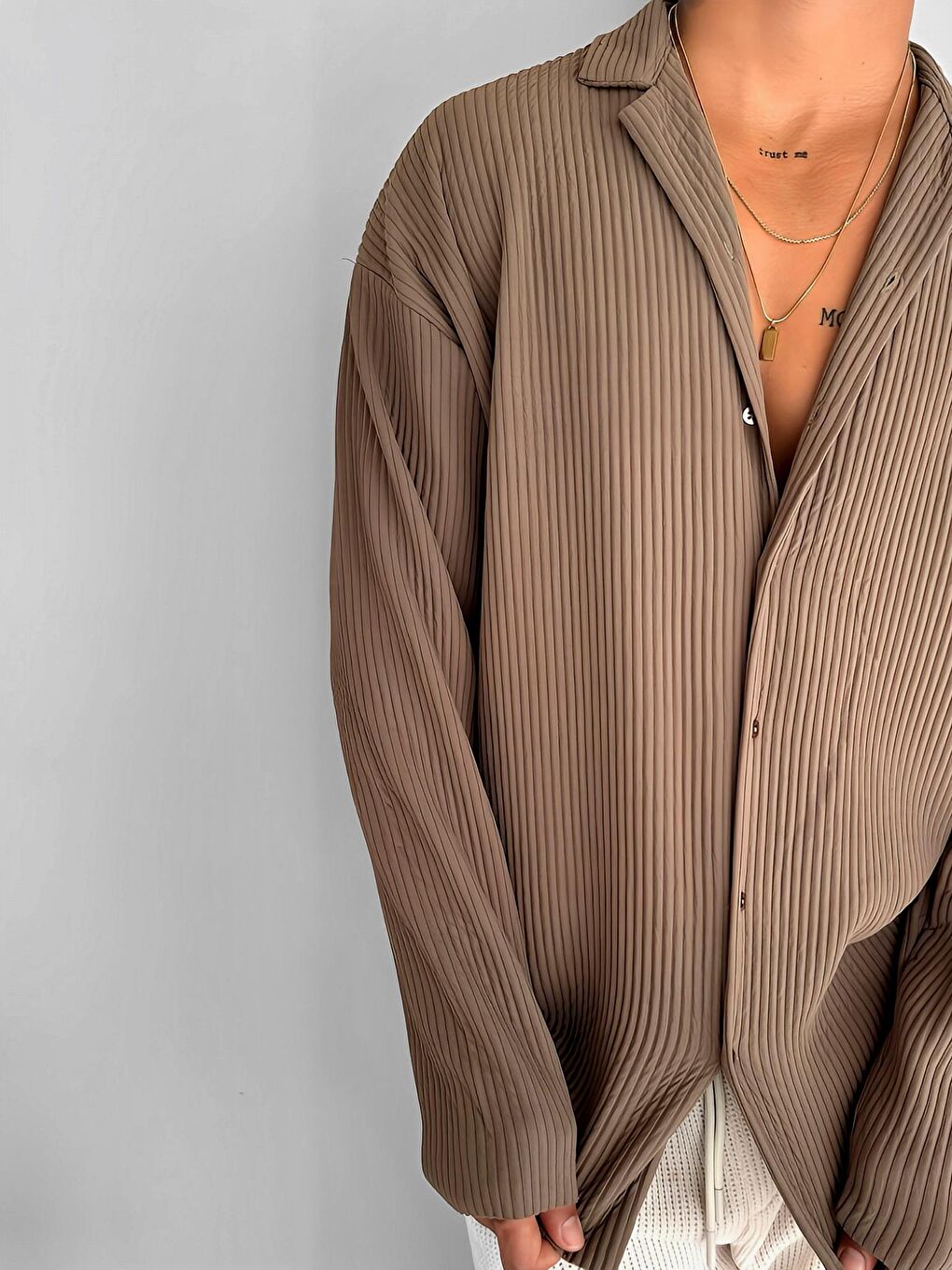 Erkek Oversize Fitilli Apaş Yaka Gömlek Kahverengi-1