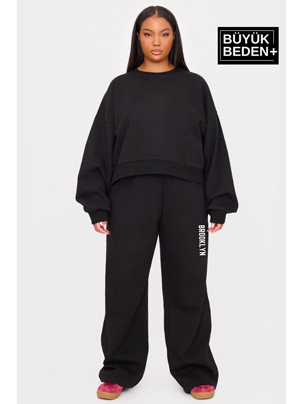 Siyah Kadın Büyük Beden Brooklyn Baskılı İnce Eşofman Altı SPR25BEAK54