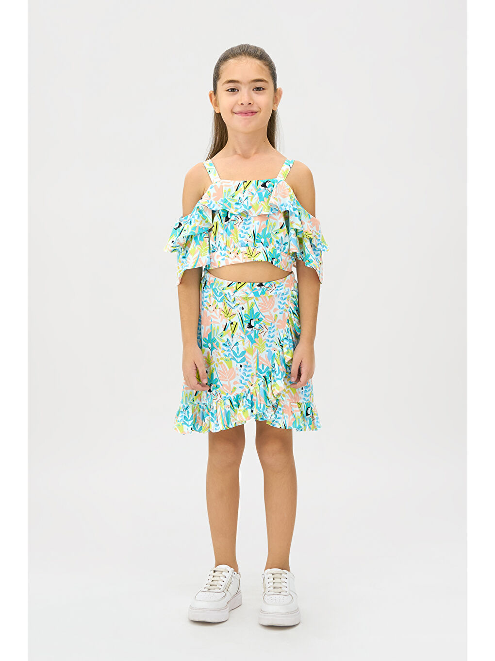 Yeşil Kız Çocuk Askılı Büzgü Detaylı Mint Bluz