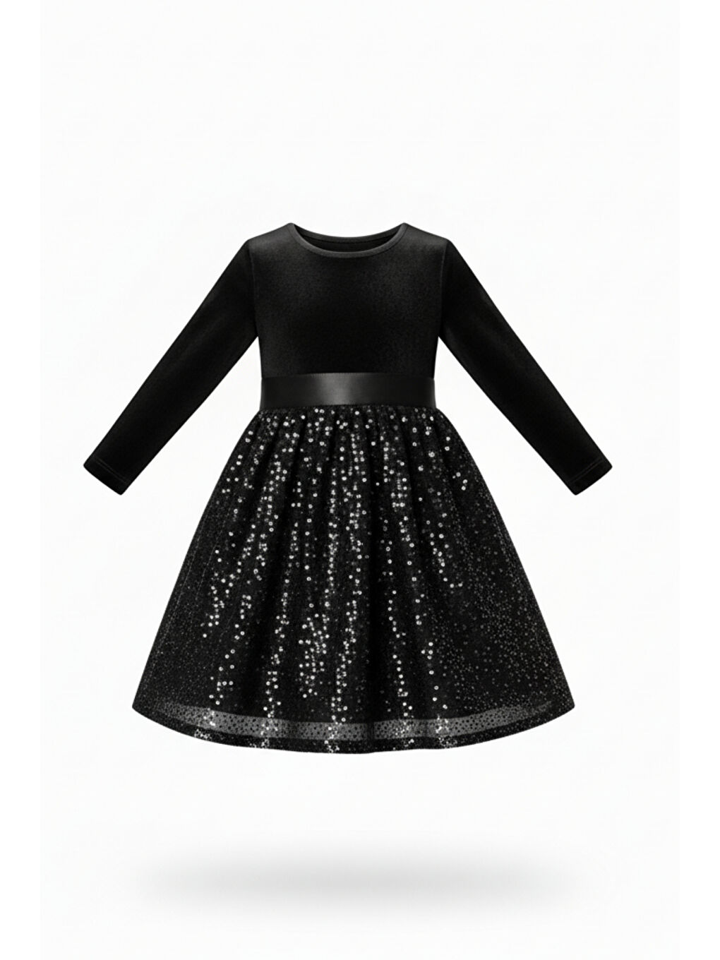 Siyah Kız Çocuk Özel Günler İçin Kadife Pullu Kabarık Fiyonklu Elbise 3-10 Yaş-3