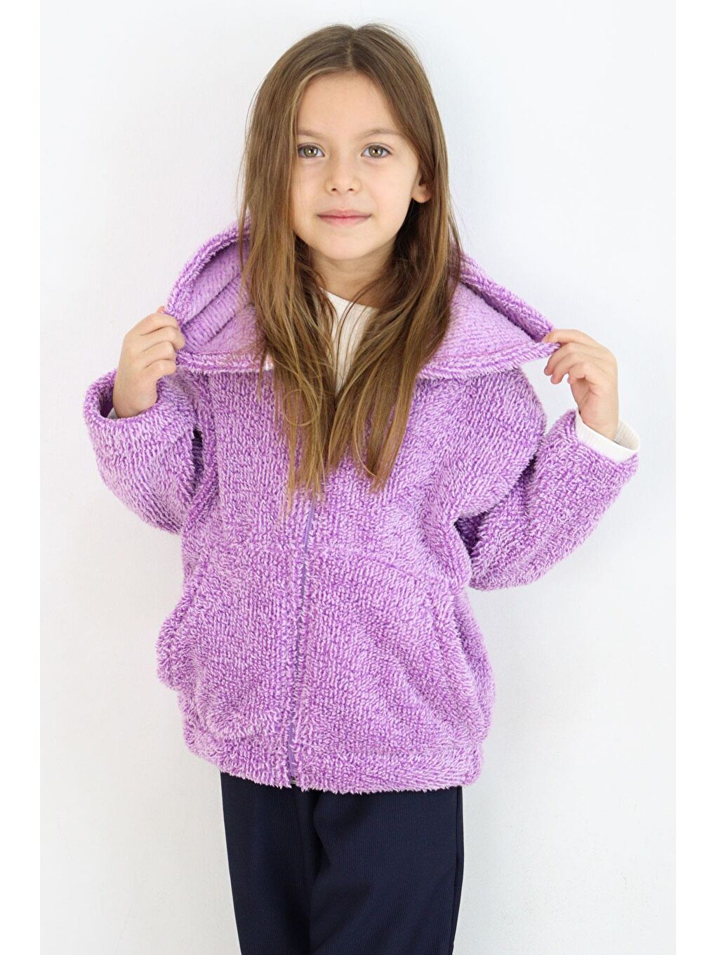 Kız Çocuk Pelüş Hırka Kapüşonlu Fermuarlı Lila  3 Yaş