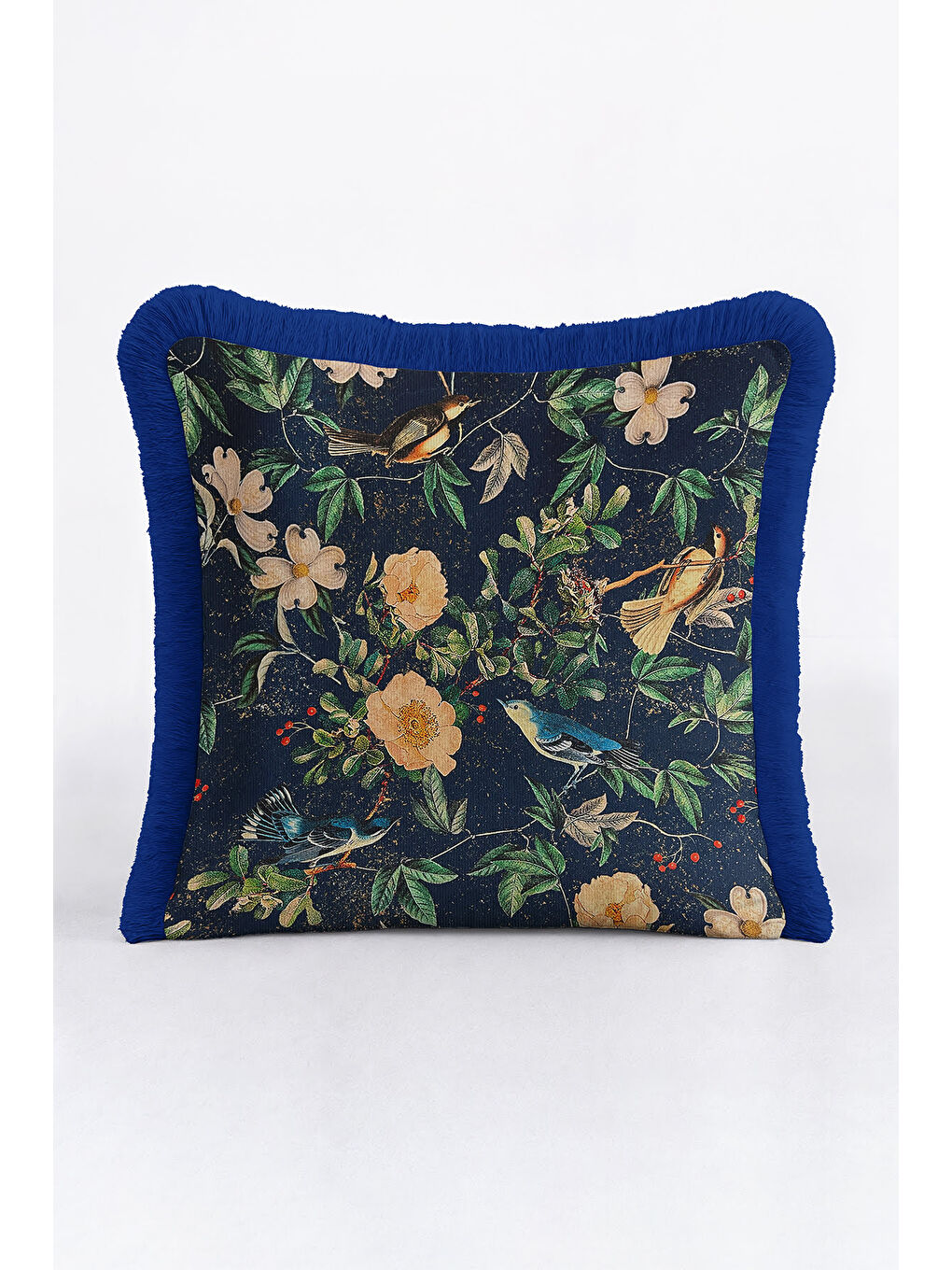 Karışık Lüks Kuşlu Çiçekli Saçaklı Yastık Kılıfı - Vintage Doğa Bohem Lacivert Püsküllü Kırlent Kılıfı-2