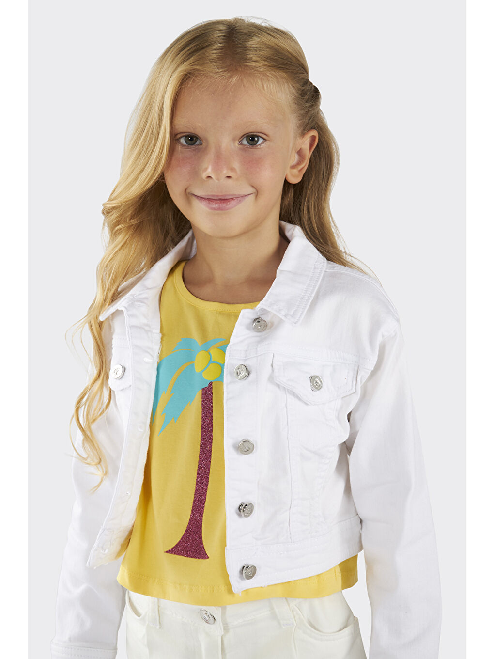 Kız Çocuk Cep Detaylı Beyaz Jean Ceket-1