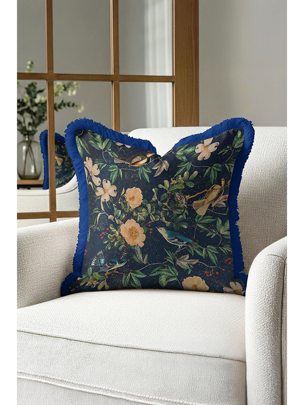 Karışık Lüks Kuşlu Çiçekli Saçaklı Yastık Kılıfı - Vintage Doğa Bohem Lacivert Püsküllü Kırlent Kılıfı-3