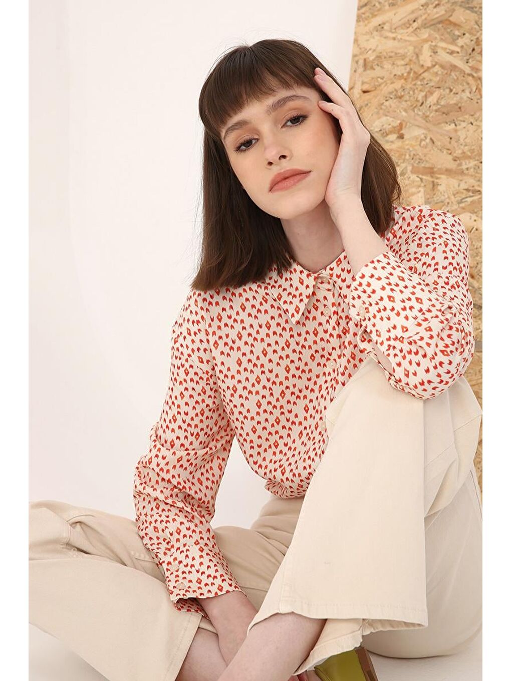 Bej-Wide Leg Yüksek Bel Pantolon