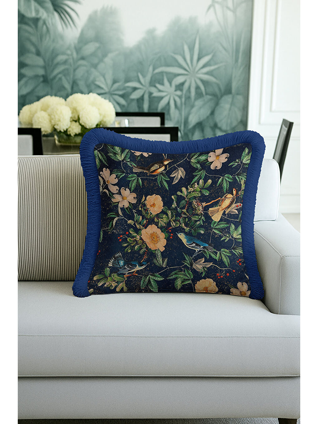 Karışık Lüks Kuşlu Çiçekli Saçaklı Yastık Kılıfı - Vintage Doğa Bohem Lacivert Püsküllü Kırlent Kılıfı-4