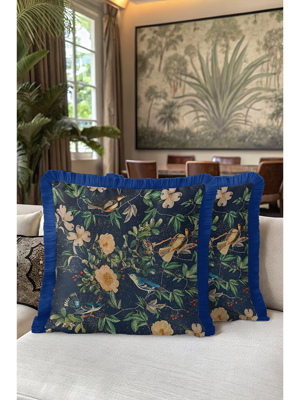 Karışık Lüks Kuşlu Çiçekli Saçaklı Yastık Kılıfı - Vintage Doğa Bohem Lacivert Püsküllü Kırlent Kılıfı-5