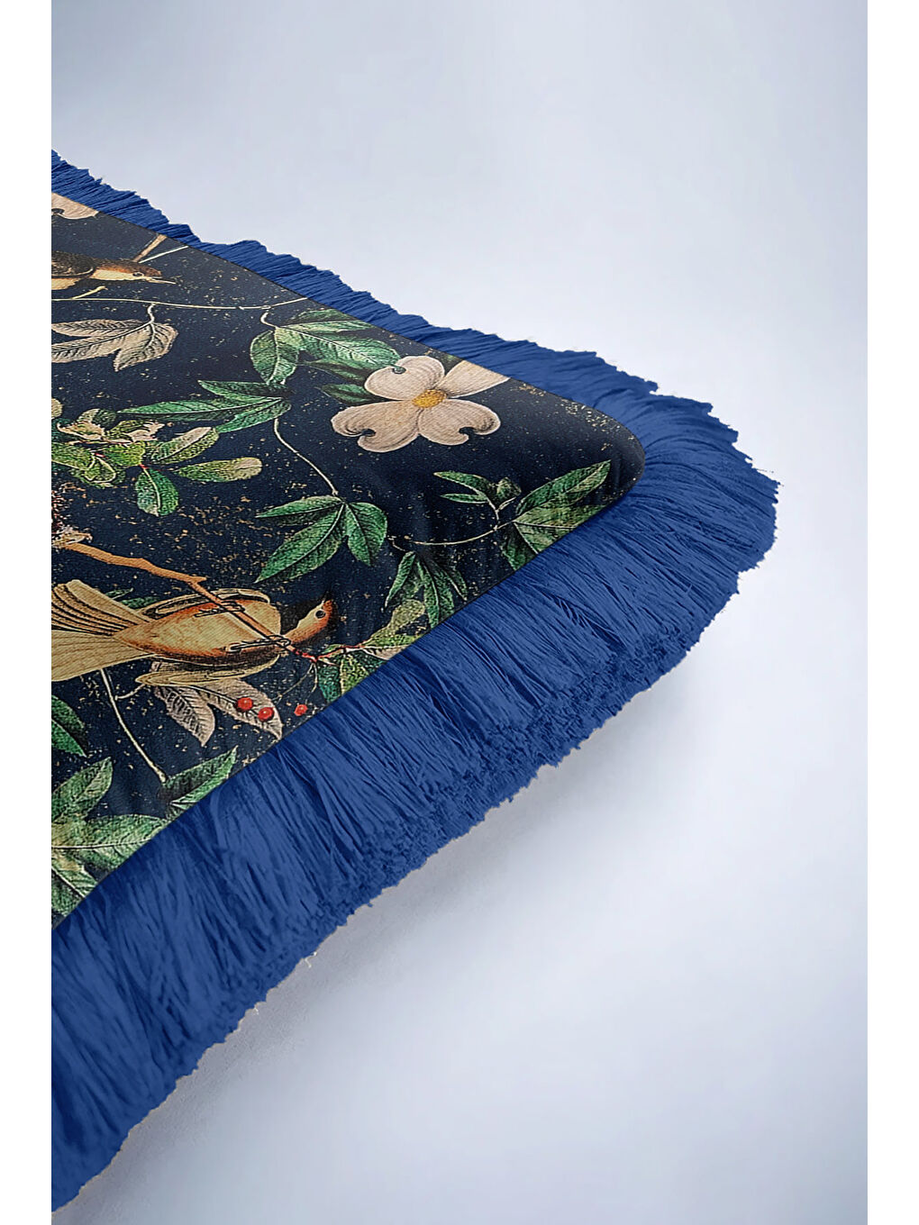 Karışık Lüks Kuşlu Çiçekli Saçaklı Yastık Kılıfı - Vintage Doğa Bohem Lacivert Püsküllü Kırlent Kılıfı-6