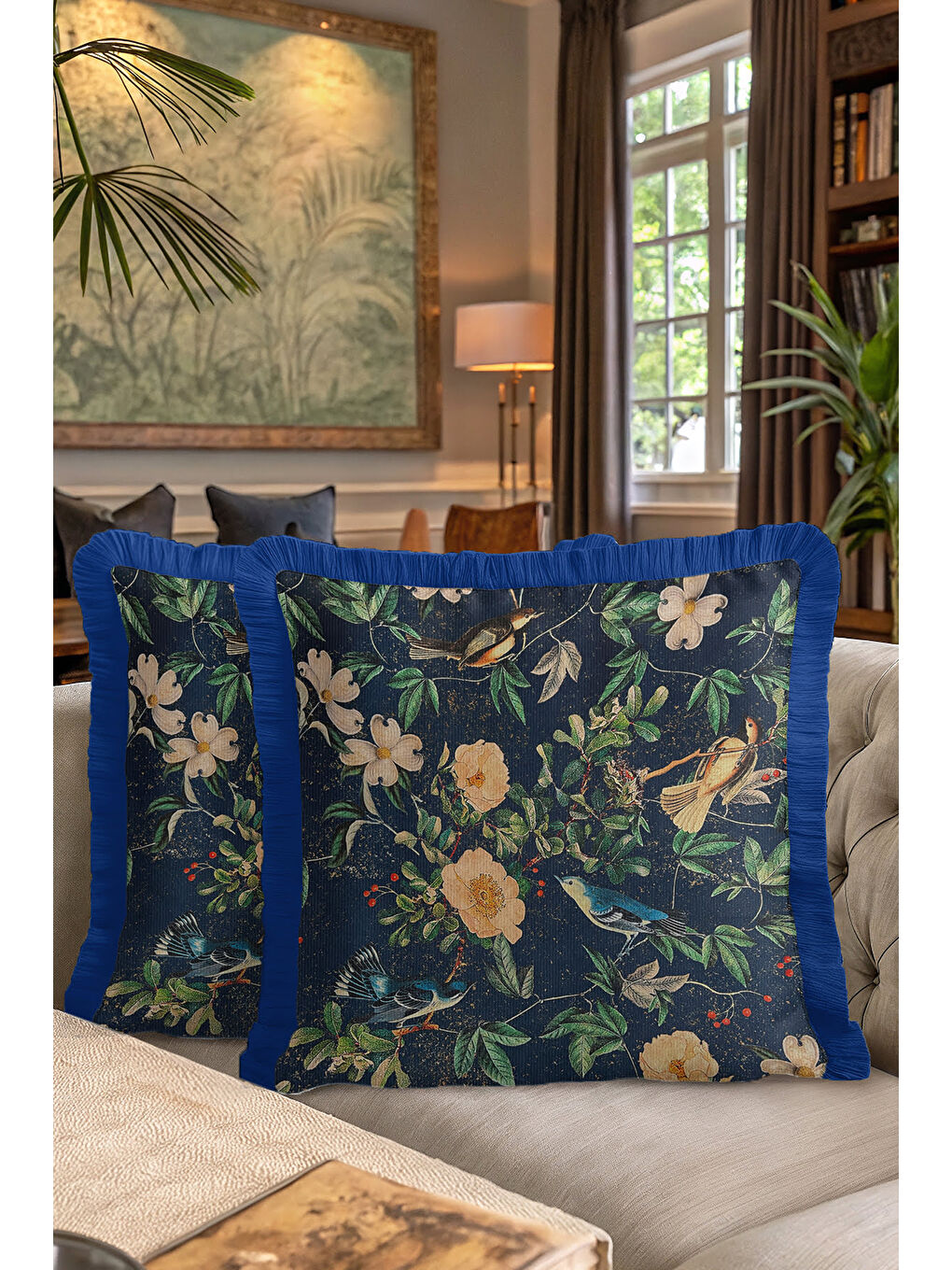 Karışık Lüks Kuşlu Çiçekli Saçaklı Yastık Kılıfı - Vintage Doğa Bohem Lacivert Püsküllü Kırlent Kılıfı-7