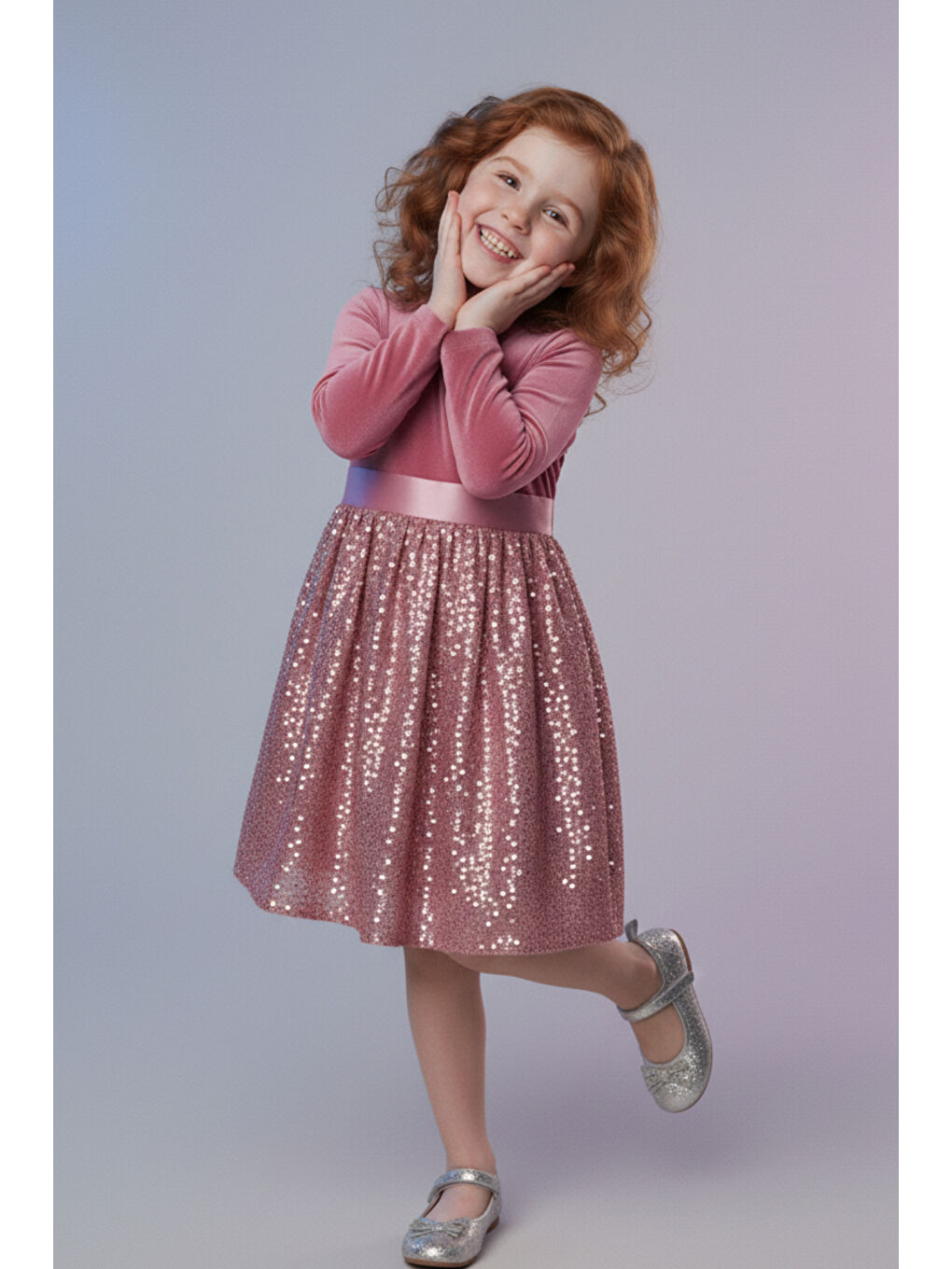 Pembe Kız Çocuk Özel Günler İçin Kadife Pullu Kabarık Fiyonklu Elbise 3-10 Yaş-1