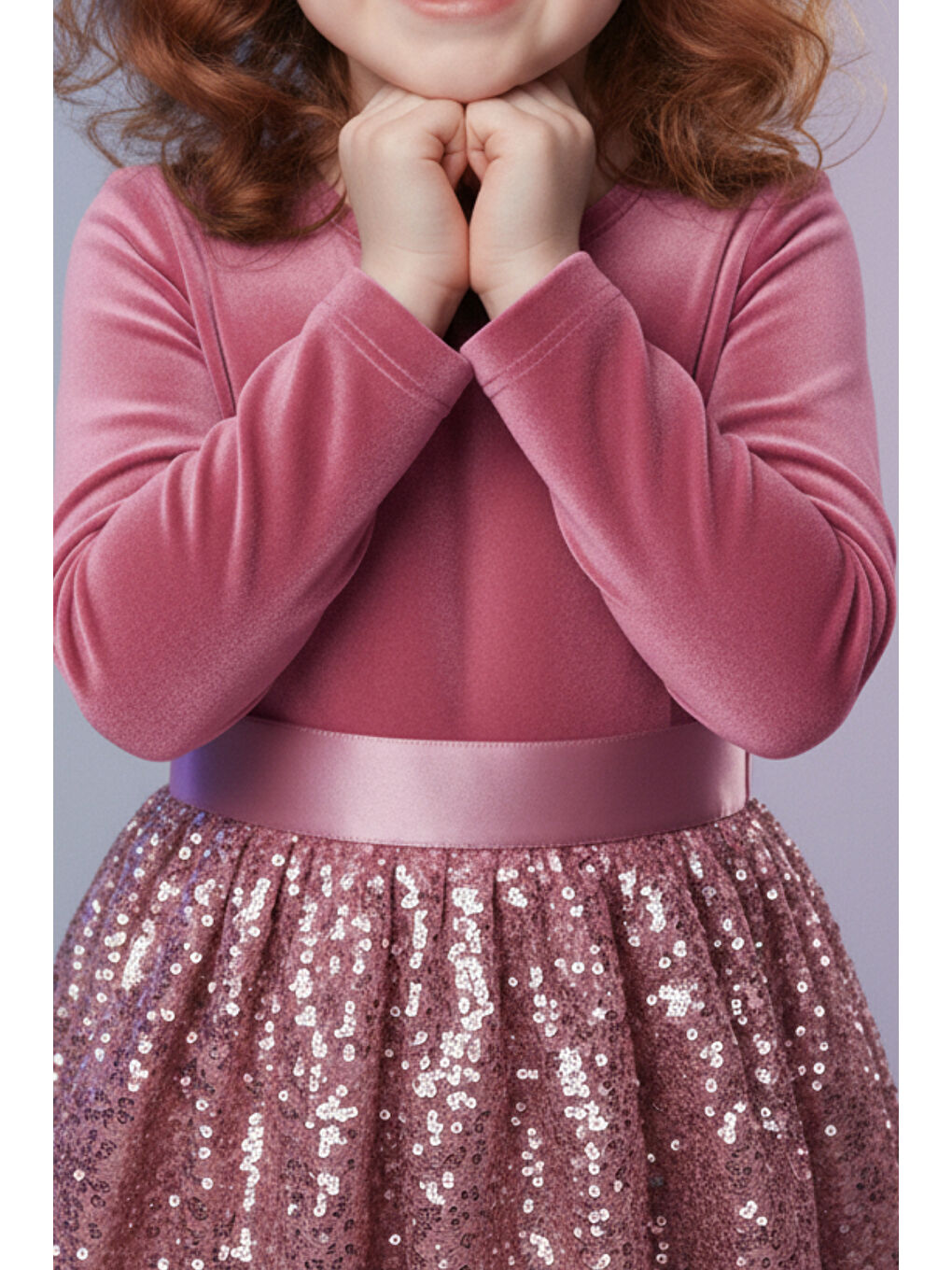 Pembe Kız Çocuk Özel Günler İçin Kadife Pullu Kabarık Fiyonklu Elbise 3-10 Yaş-2