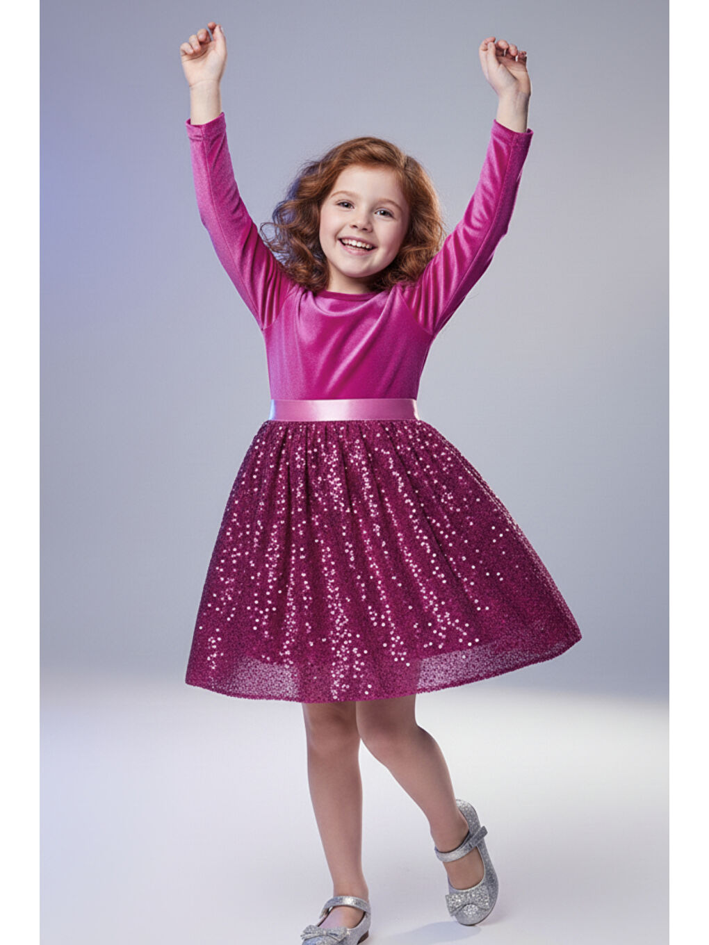 Pembe Kız Çocuk Özel Günler İçin Kadife Pullu Kabarık Fiyonklu Elbise 3-10 Yaş-1