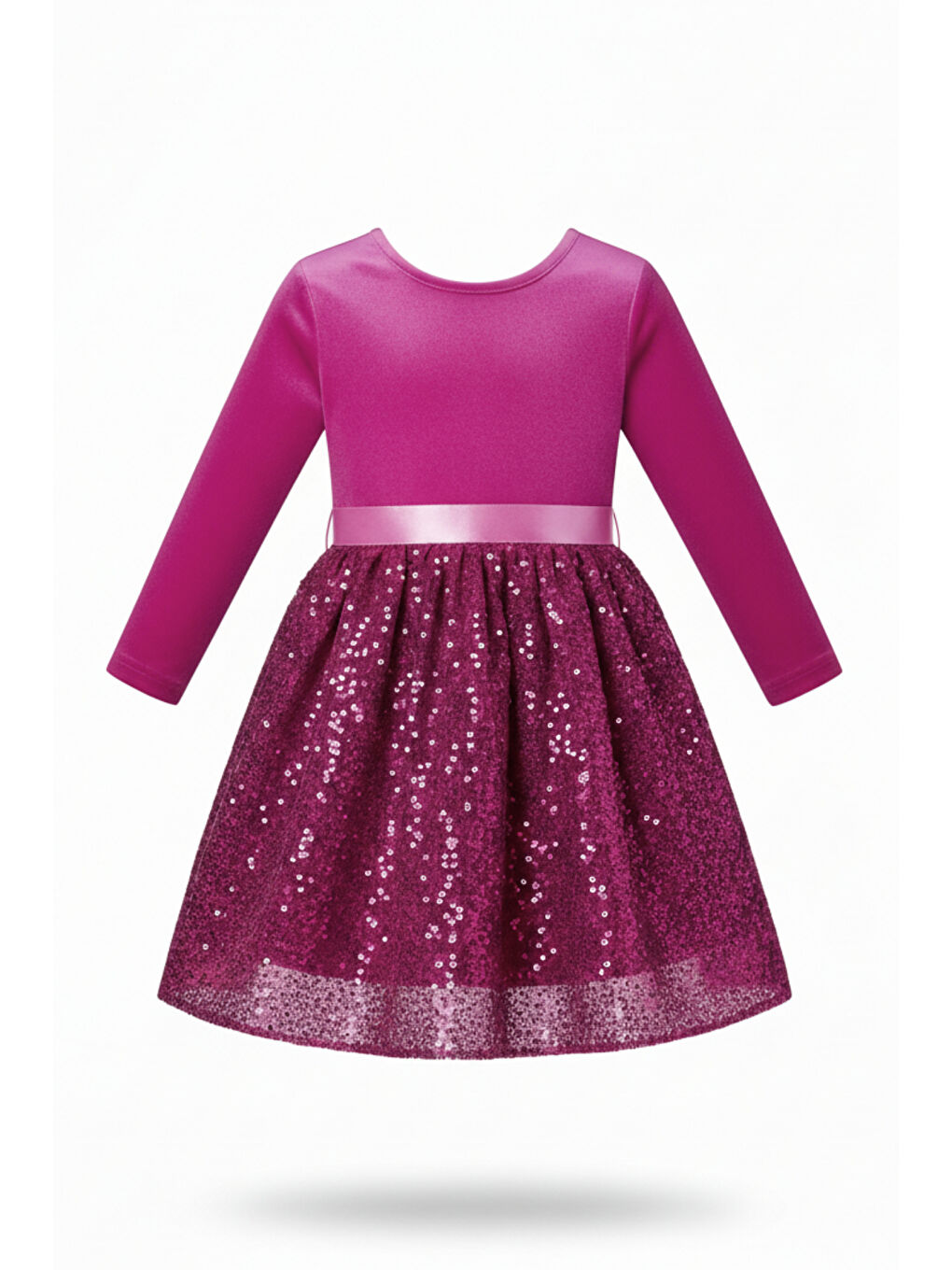 Pembe Kız Çocuk Özel Günler İçin Kadife Pullu Kabarık Fiyonklu Elbise 3-10 Yaş-2