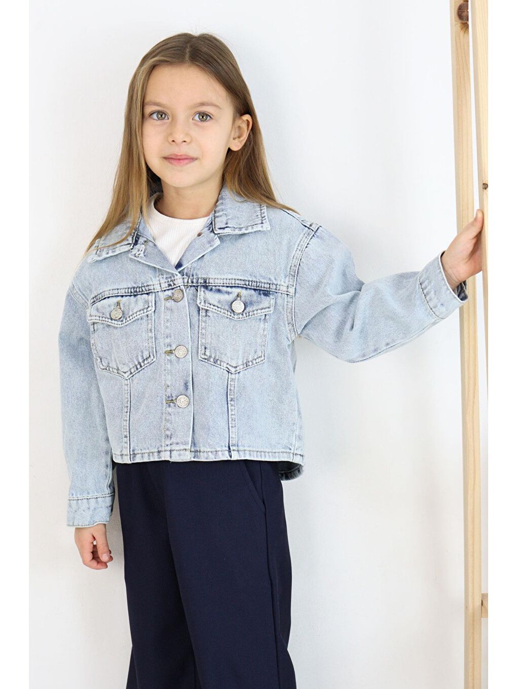 Kız Çocuk Jean Ceket Düğmeli Cepli Açık Mavi (5-8 Yaş)