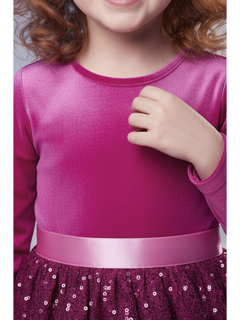 Pembe Kız Çocuk Özel Günler İçin Kadife Pullu Kabarık Fiyonklu Elbise 3-10 Yaş-3