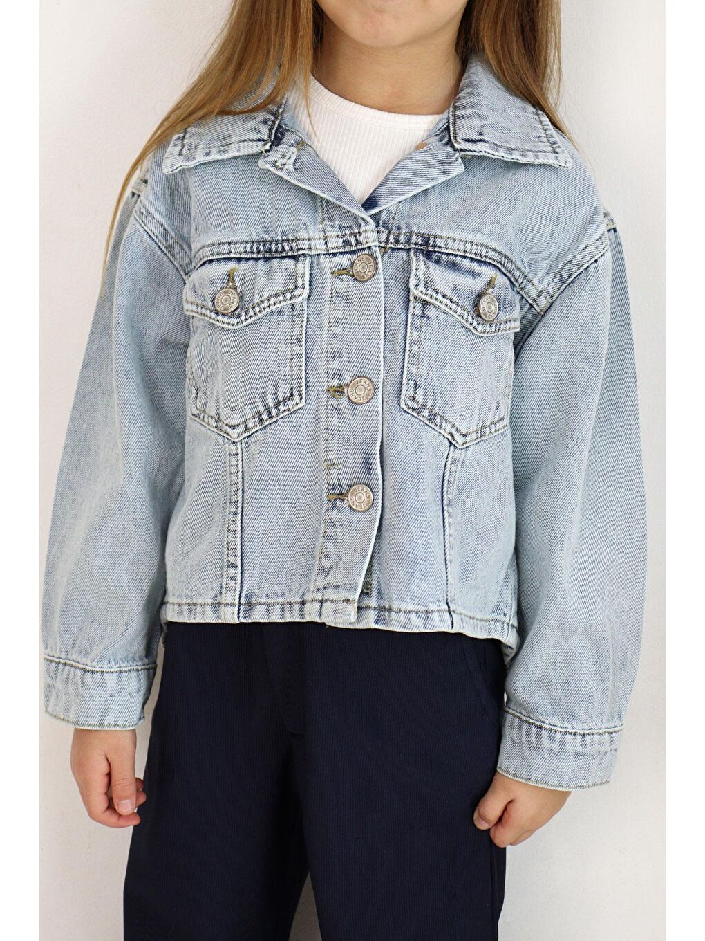 Kız Çocuk Jean Ceket Düğmeli Cepli Açık Mavi (5-8 Yaş)-2