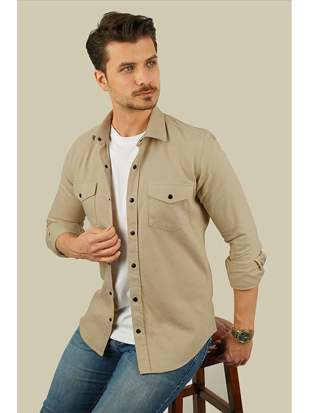 Etikmen Bej Slimfit Gerçek Jean Erkek Gömlek - 2