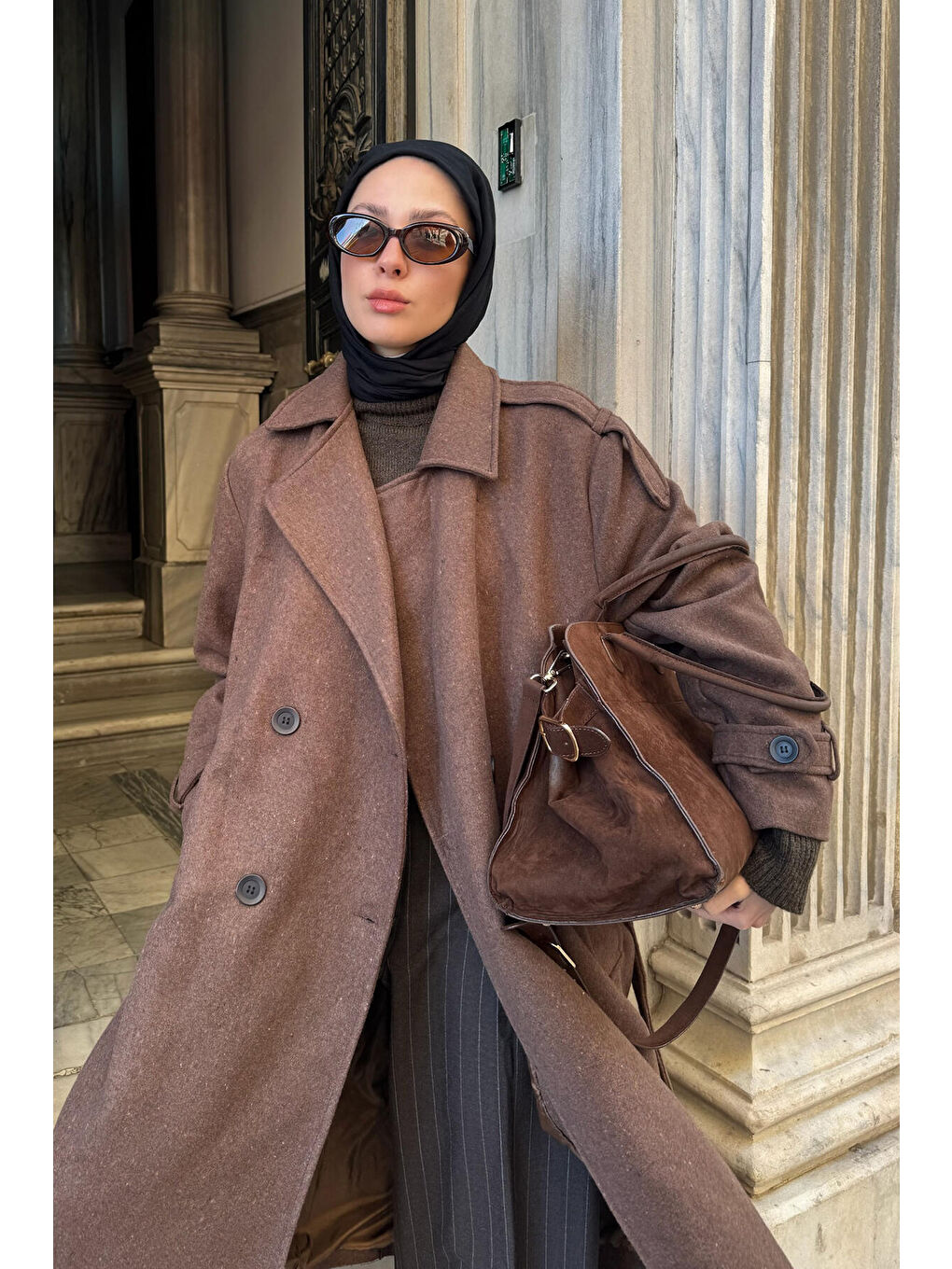 Kahverengi Kuşaklı Kaşe Kaban-5