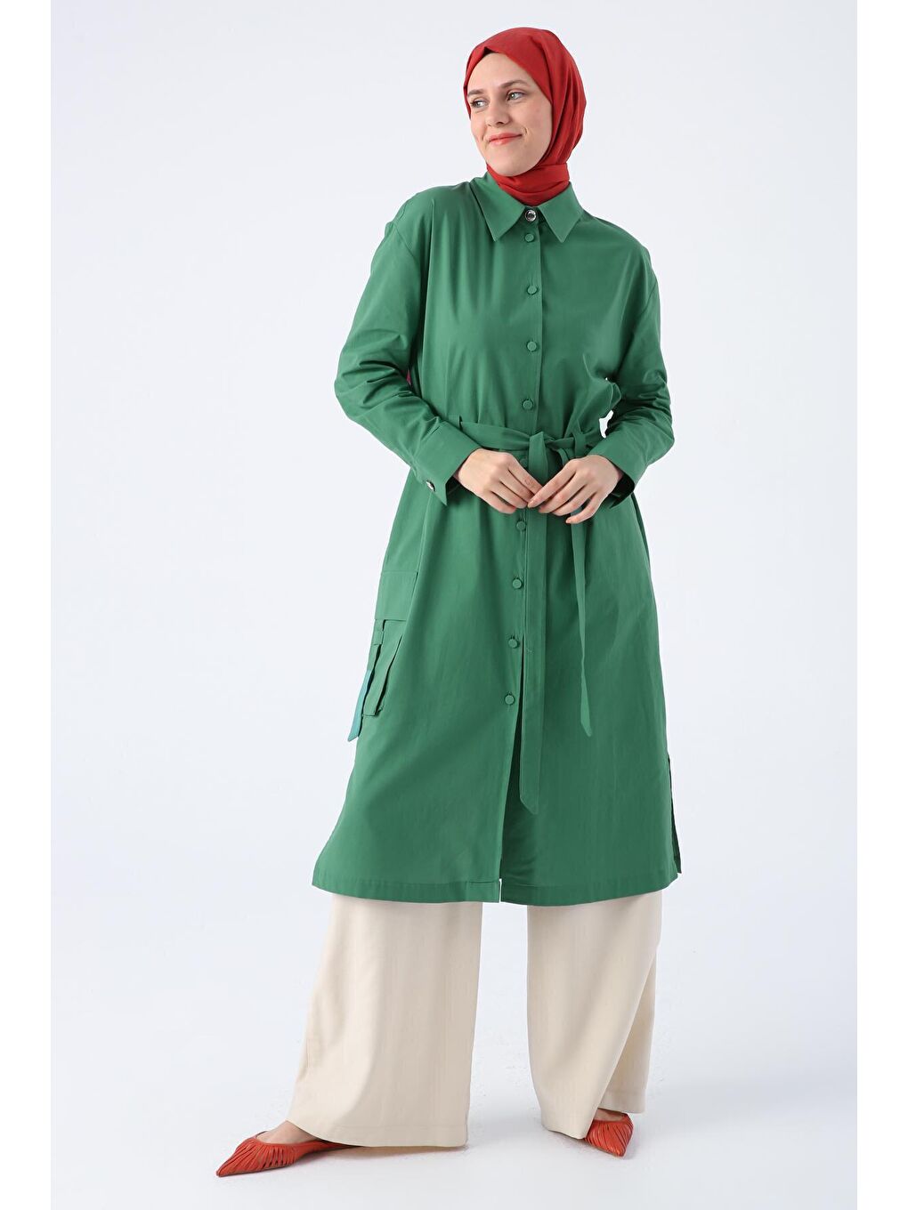 Koyu Yeşil %100 Pamuk Tek Cepli Kuşaklı Uzun Ferace