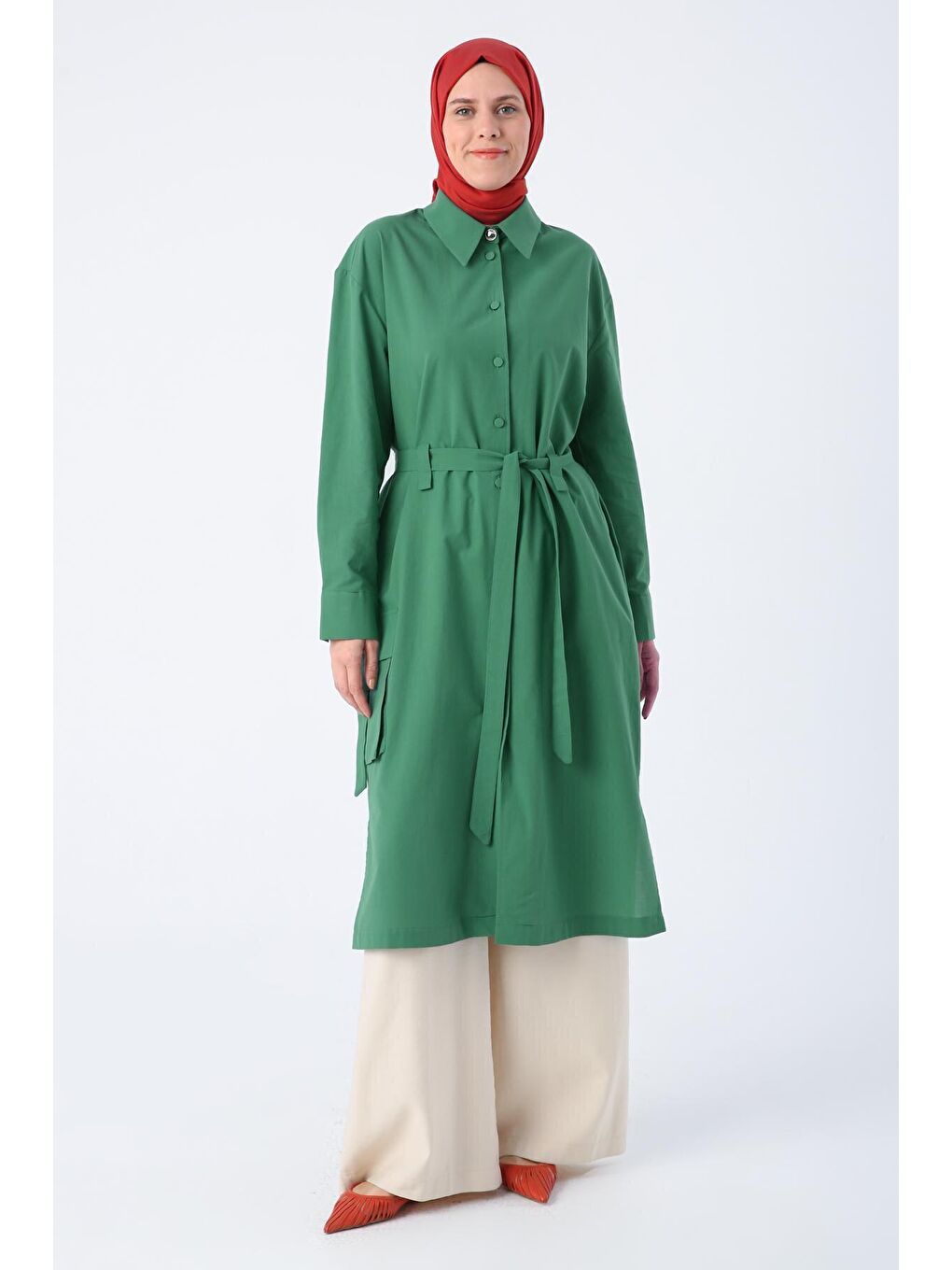 Koyu Yeşil %100 Pamuk Tek Cepli Kuşaklı Uzun Ferace-1