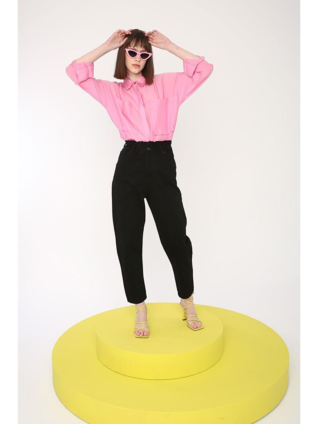 ALLDAY Siyah-Beli Büzgülü Slouchy Jean Pantolon