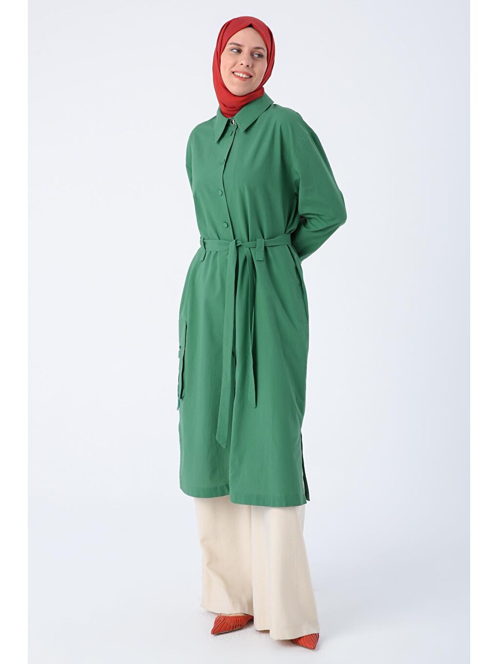 Koyu Yeşil %100 Pamuk Tek Cepli Kuşaklı Uzun Ferace-2