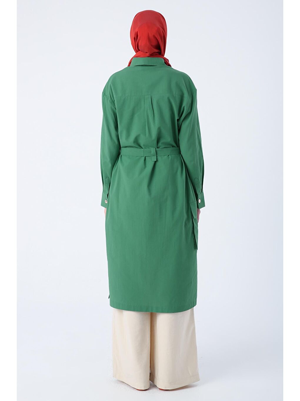 Koyu Yeşil %100 Pamuk Tek Cepli Kuşaklı Uzun Ferace-3