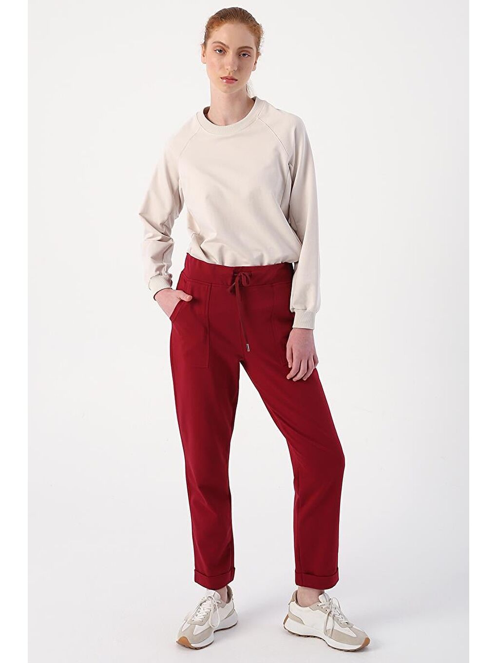 Koyu Bordo-Duble Paça Lastikli Rahat Örme Pantolon