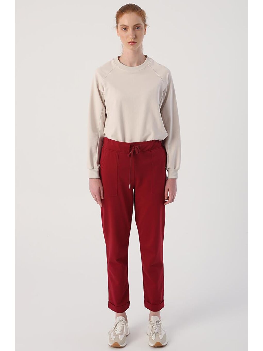 Koyu Bordo-Duble Paça Lastikli Rahat Örme Pantolon-1