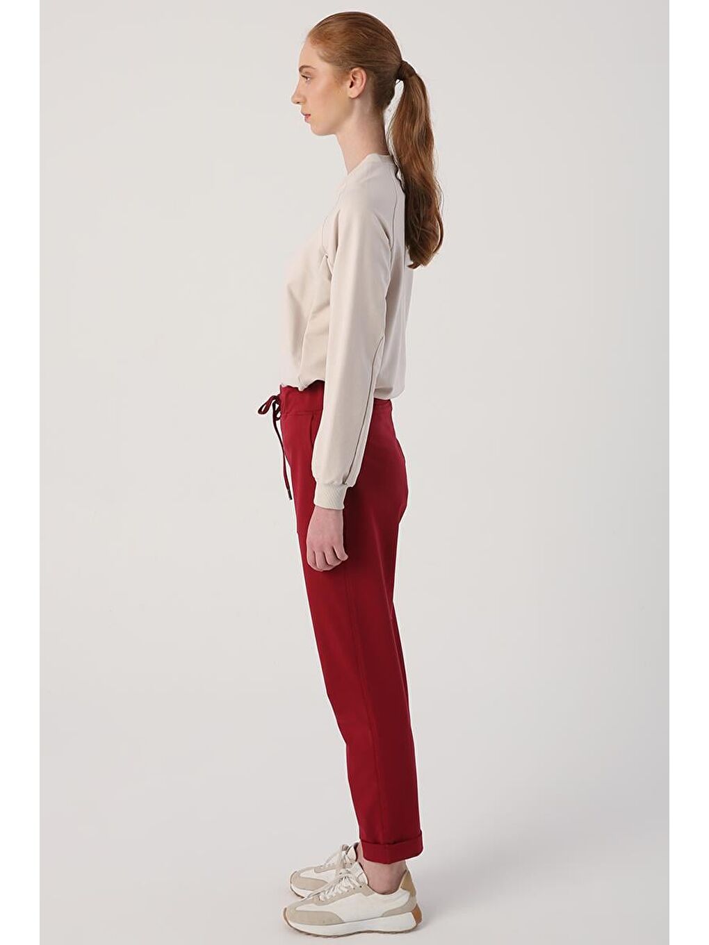 Koyu Bordo-Duble Paça Lastikli Rahat Örme Pantolon-2