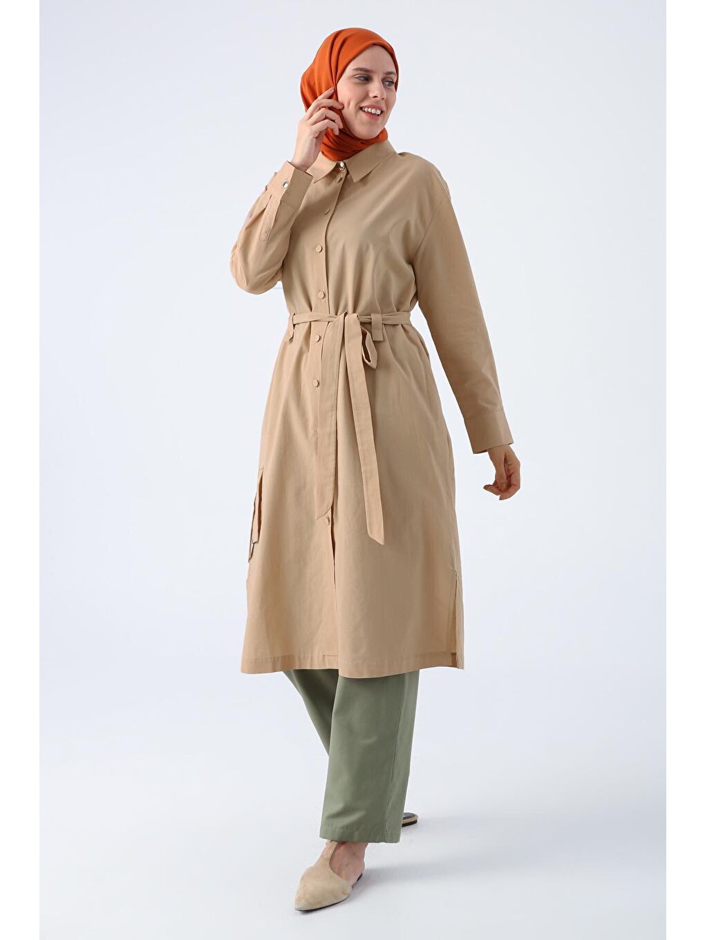 Bej %100 Pamuk Tek Cepli Kuşaklı Uzun Ferace