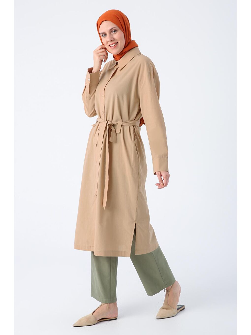 Bej %100 Pamuk Tek Cepli Kuşaklı Uzun Ferace-2