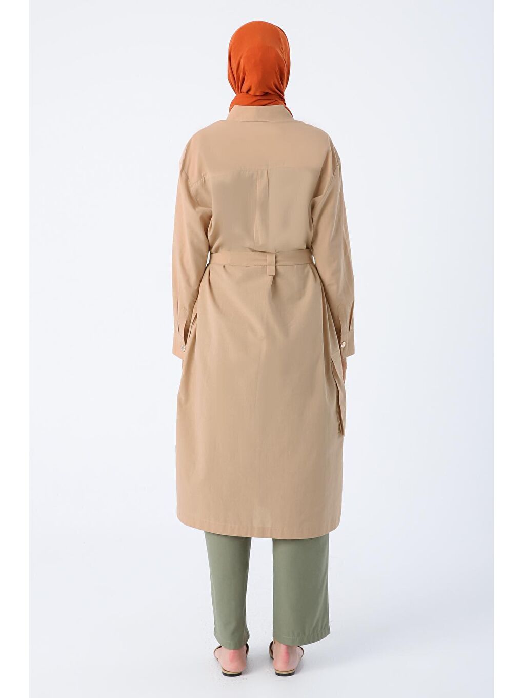 Bej %100 Pamuk Tek Cepli Kuşaklı Uzun Ferace-3