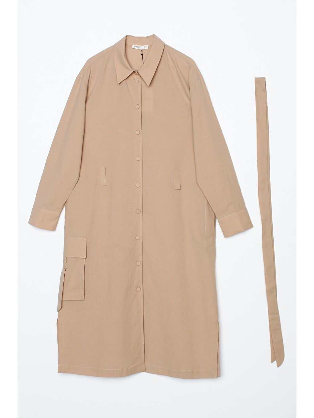 Bej %100 Pamuk Tek Cepli Kuşaklı Uzun Ferace-4