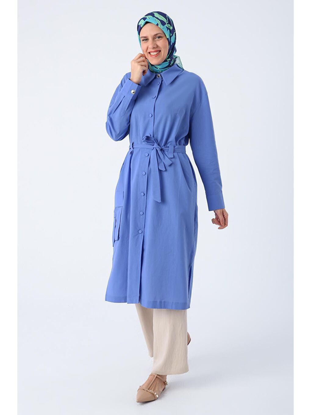 Mavi %100 Pamuk Tek Cepli Kuşaklı Uzun Ferace